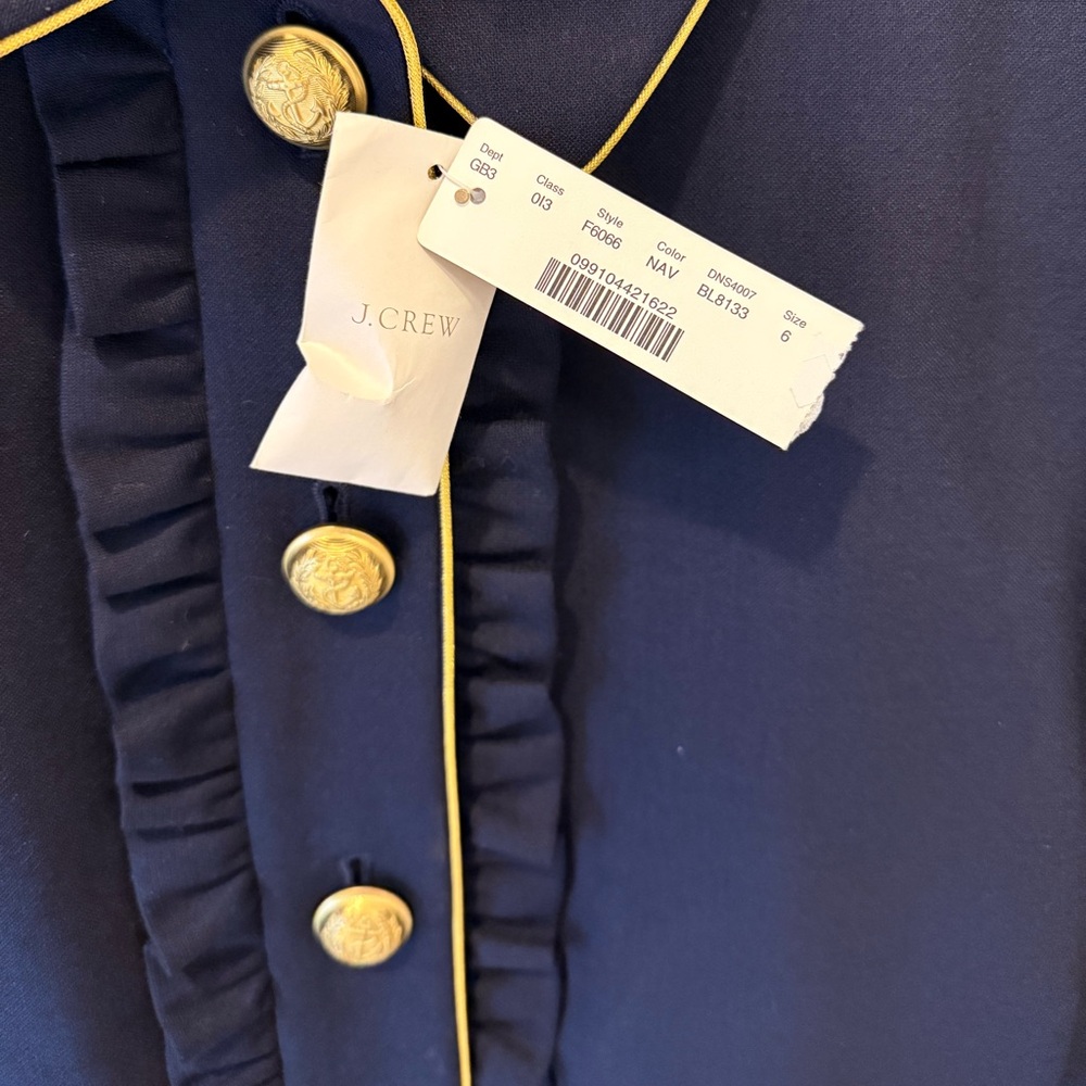 $198 J.Crew Navy Blazer Jacket Gold Crest Buttons Ruffle Front Wool Blend Size 6 - Picture 10 of 16